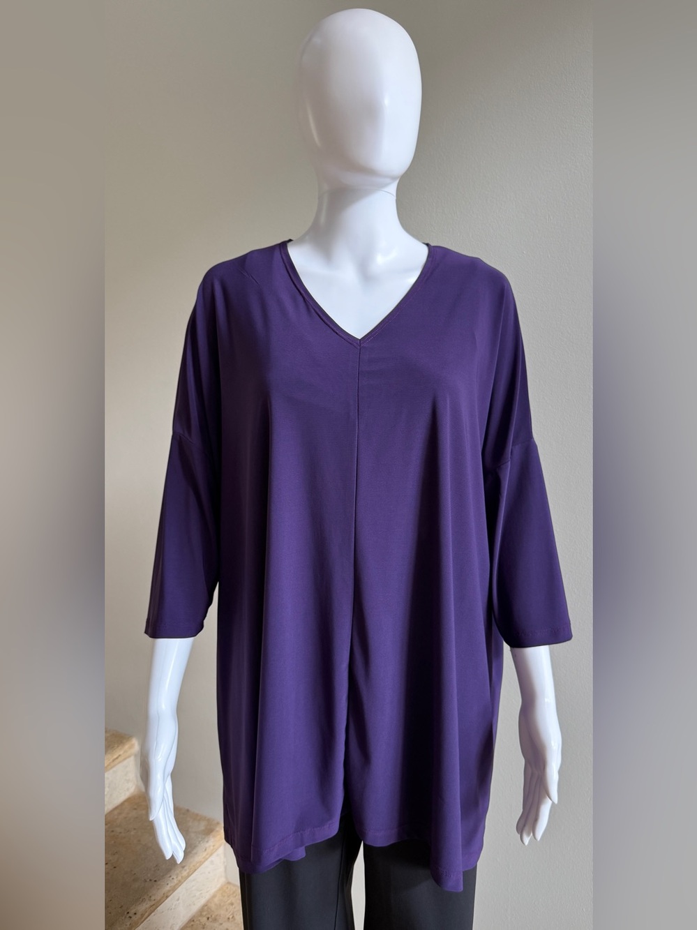 ANNE NAMBA Washable Relaxed V-Neck Purple Women's Top Tunic One Size